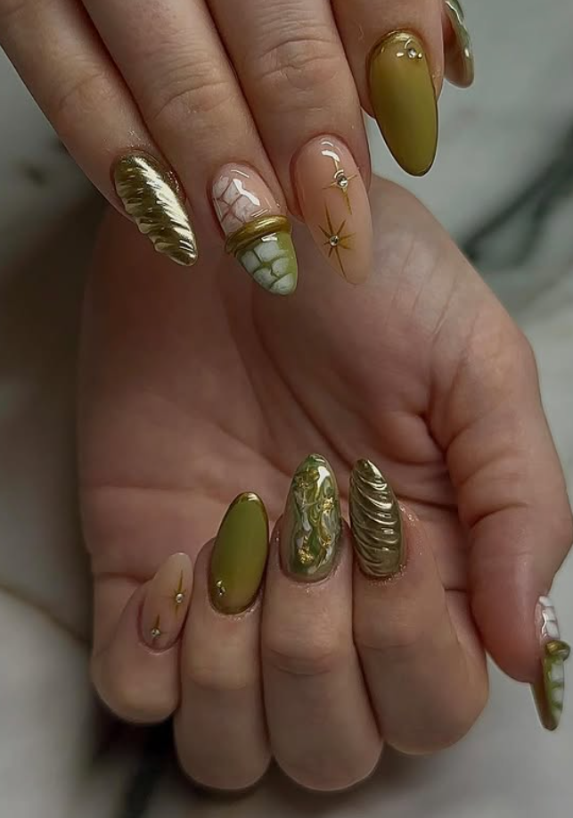 gold with olive green accent nails